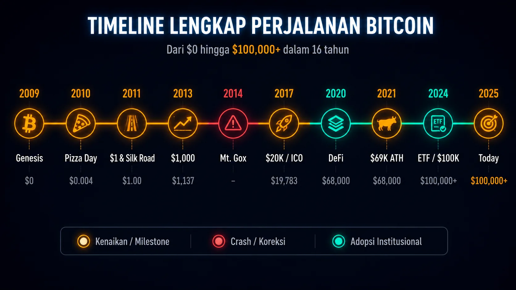 Timeline lengkap perjalanan Bitcoin dari 2009 hingga 2025